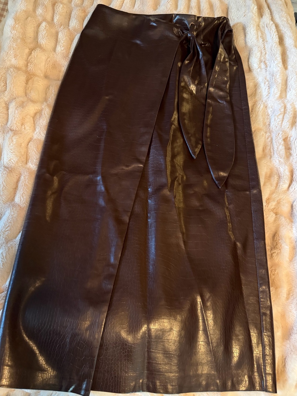 Faux Leather Wrap Midi Skirt - Chocolate brown